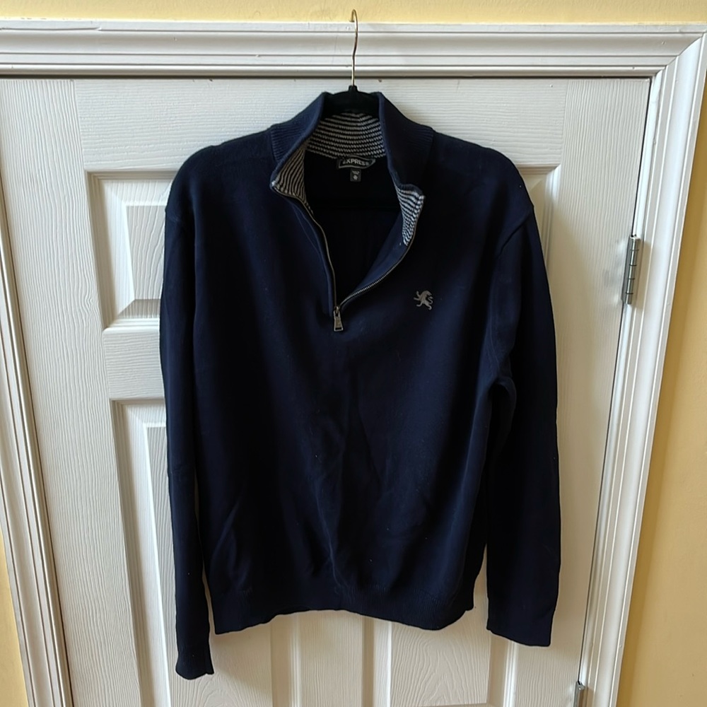 Express Half-zip Navy Pullover Sweater, Grey striped collar, Size XL.